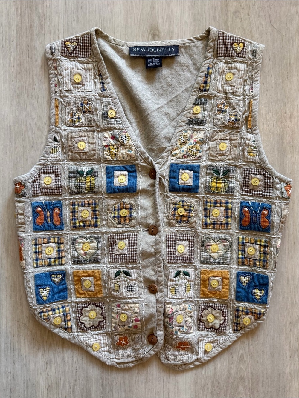 Vintage New Identity Quilted Denim Floral Patchwork Vest Sz M